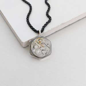 Hexagon Pendant Necklace with Round Watch Mechanism